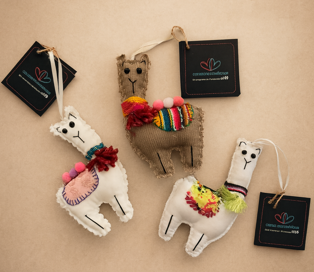 Hand-stitched llama ornaments made in Peru through Corazones Solidarios, artisan fair-trade holiday decorations supporting mothers of hospitalized children